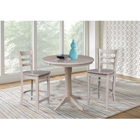 International Concepts 36 in. Round Extension Dining Table with 2 Emily Counter Height Stools - 3 Piece Set K09-36RXT-27-S6172-2